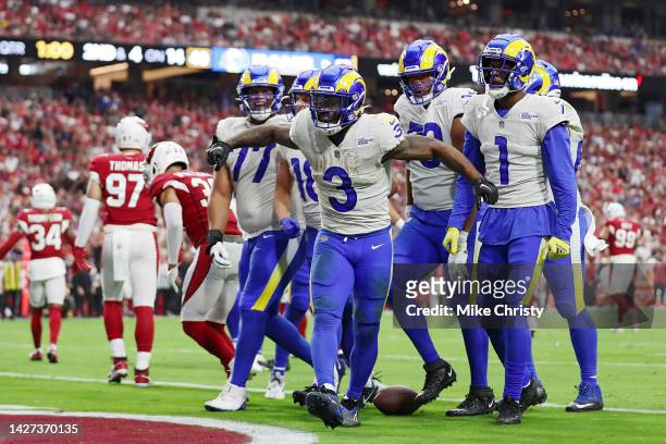 Cam Akers of the Los Angeles Rams celebrates a touchdown against the Arizona Cardinals at State Farm Stadium on September 25, 2022 in Glendale,...