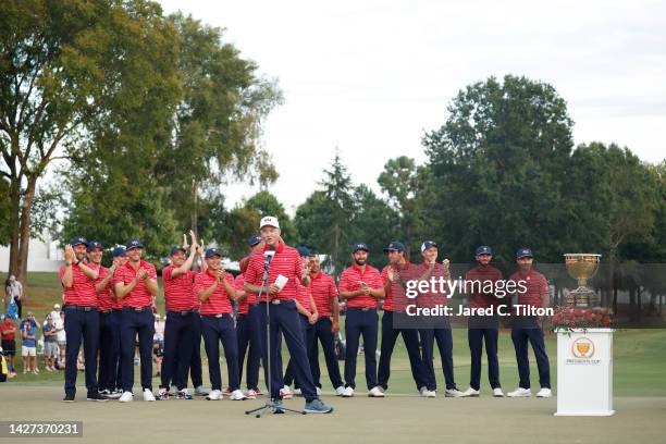 Captain Davis Love III of the United States Team speaks during the closing ceremony after winning against the International Team during Sunday...