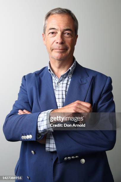 British broadcaster and former politician Nigel Farage poses for a portrait inside the media centre at Sydney Airport International Terminal on...