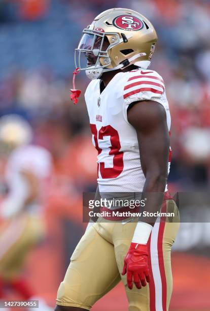 Marlon Mack of the San Francisco 49ers warms up prior to the game against the Denver Broncos at Empower Field At Mile High on September 25, 2022 in...
