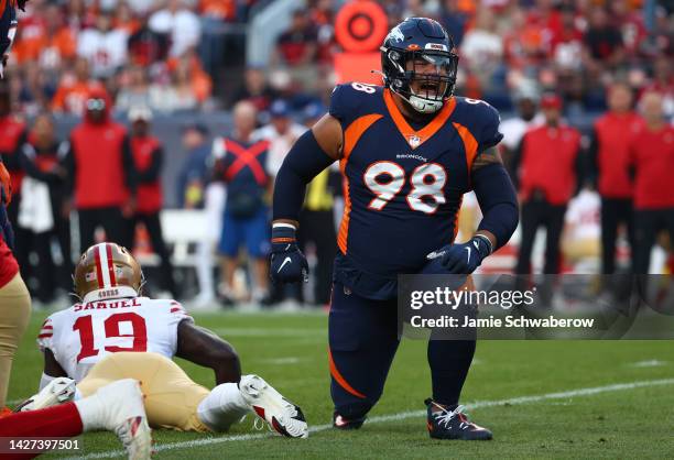 Mike Purcell of the Denver Broncos reacts after a tackle during the first half against the San Francisco 49ers at Empower Field At Mile High on...