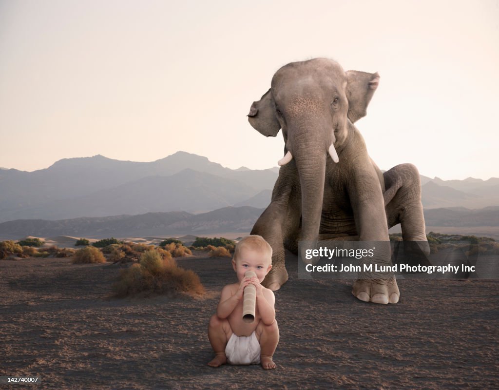 Elephant sitting in desert with baby