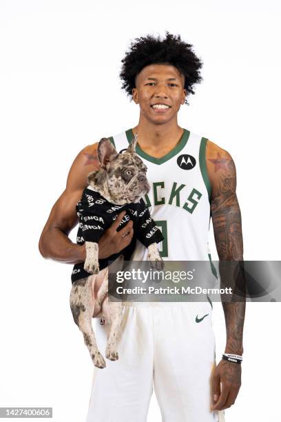 MarJon Beauchamp of the Milwaukee Bucks poses for portraits with his dog Pluto during media day at Fiserv Forum on September 25, 2022 in Milwaukee,...