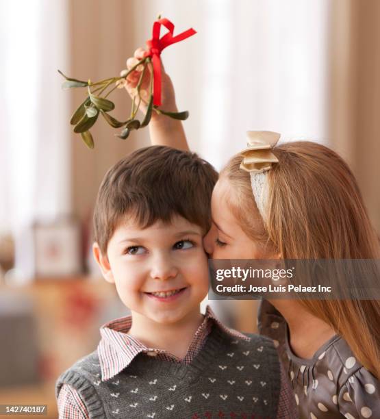 girl kissing boy underneath mistletoe - friends kissing cheeks fotografías e imágenes de stock