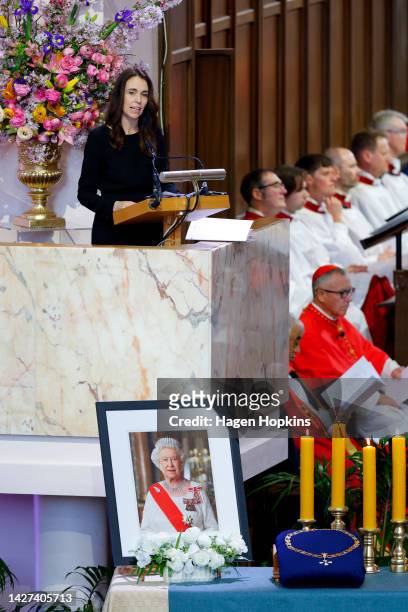 New Zealand Prime Minister Jacinda Ardern speaks during a State Memorial Service for Queen Elizabeth II at the Wellington Cathedral of St Paul on...