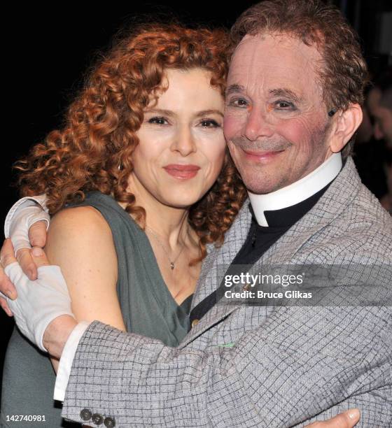 Bernadette Peters and Joel Grey pose backstage at the "Anything Goes" celebration of Joel Grey's 80th birthday at the Stephen Sondheim Theatre on...