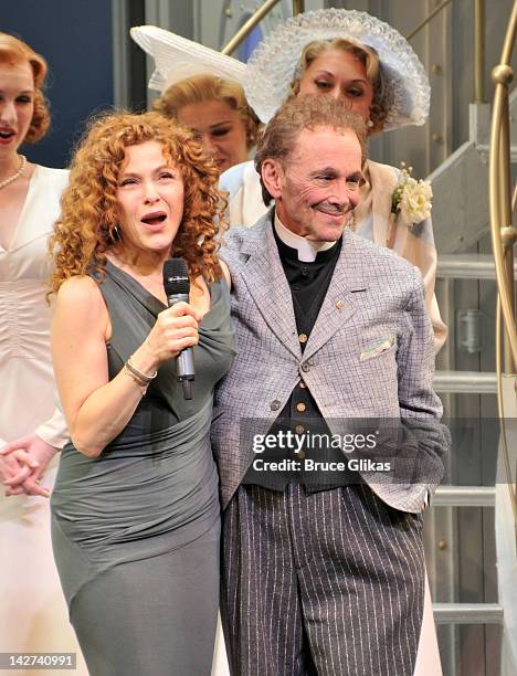 Bernadette Peters and Joel Grey during the curtain call of the "Anything Goes" celebration of Joel Grey's 80th birthday at the Stephen Sondheim...