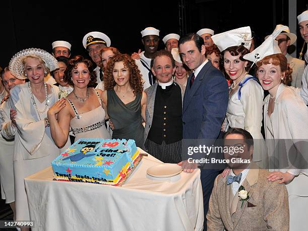 Bernadette Peters, Joel Grey and the cast pose backstage at the "Anything Goes" celebration of Joel Grey's 80th birthday at the Stephen Sondheim...