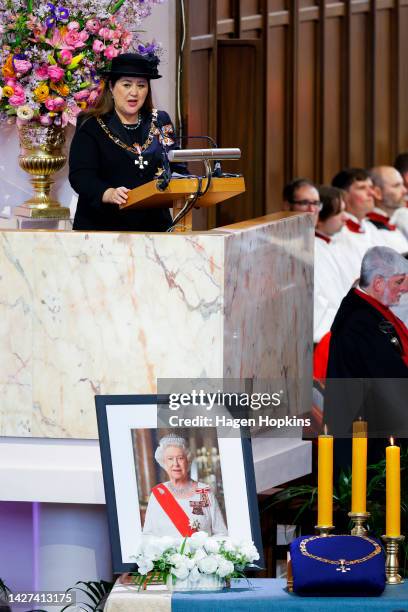 Governor-General Dame Cindy Kiro speaks during a State Memorial Service for Queen Elizabeth II at the Wellington Cathedral of St Paul on September...