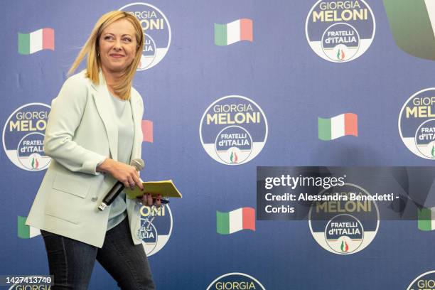 Conservative party Brothers of Italy leader Giorgia Meloni speaks to media and supporters following the first results on the Italian general election...