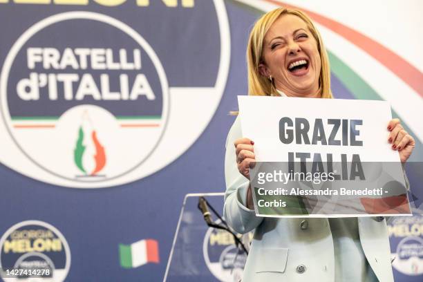 Conservative party Brothers of Italy leader Giorgia Meloni speaks to media and supporters following the first results on the Italian general election...