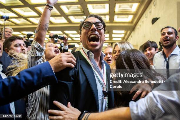 Staff members of Giorgia Meloni, celebrate the first results of the Italian general election on September 26, 2022 in Rome, Italy. The snap election...