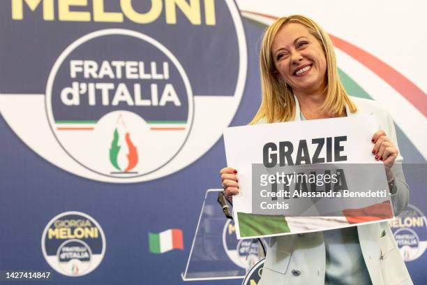 Conservative party Brothers of Italy leader Giorgia Meloni speaks to media and supporters following the first results of the Italian general election...