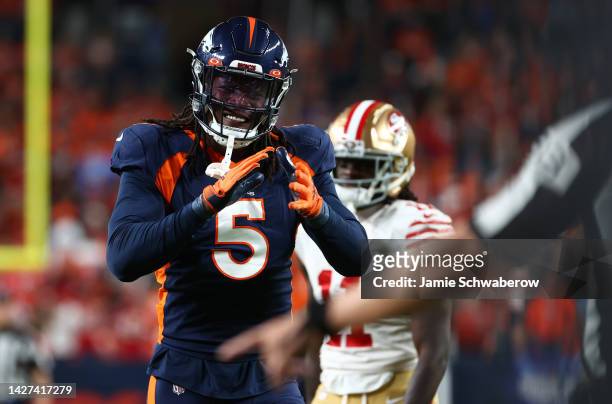 Randy Gregory of the Denver Broncos reacts after a play during the first half against the San Francisco 49ers at Empower Field At Mile High on...