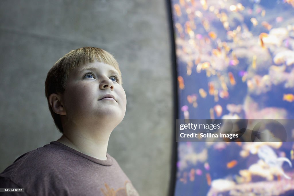 Serious boy visiting aquarium