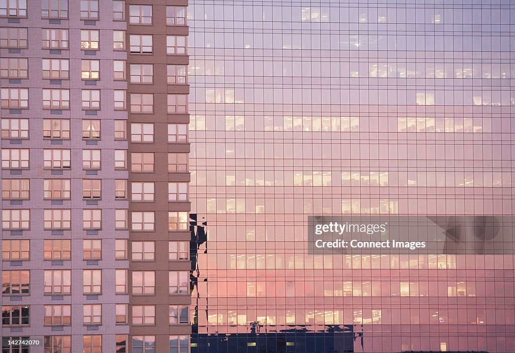 Evening light reflected in office buildings