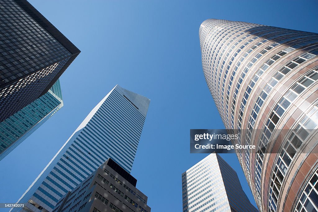 Low angle view of Manhattan skyscrapers, New York City, USA