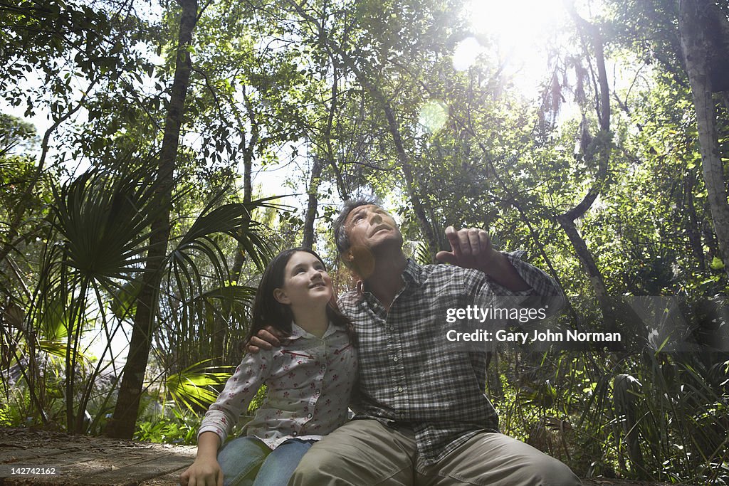 Dad and young daughter explore woodland.