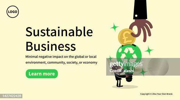in the concept of sustainable business, growing clean eco earth fund, and environmental protection, a big hand gives money to a businessman's big idea light bulb with a recycling symbol. - business sponsor stock illustrations