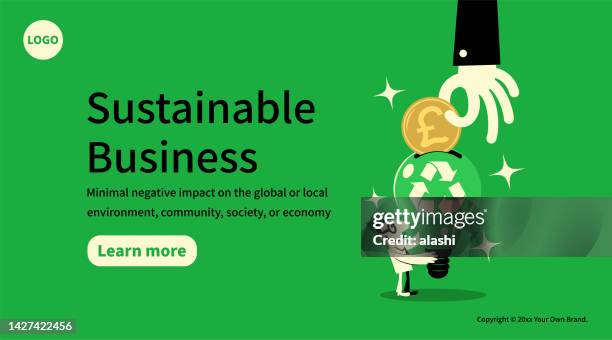 in the concept of sustainable business, growing clean eco earth fund, and environmental protection, a big hand gives money to a businessman's big idea light bulb with a recycling symbol. - social media post template stock illustrations