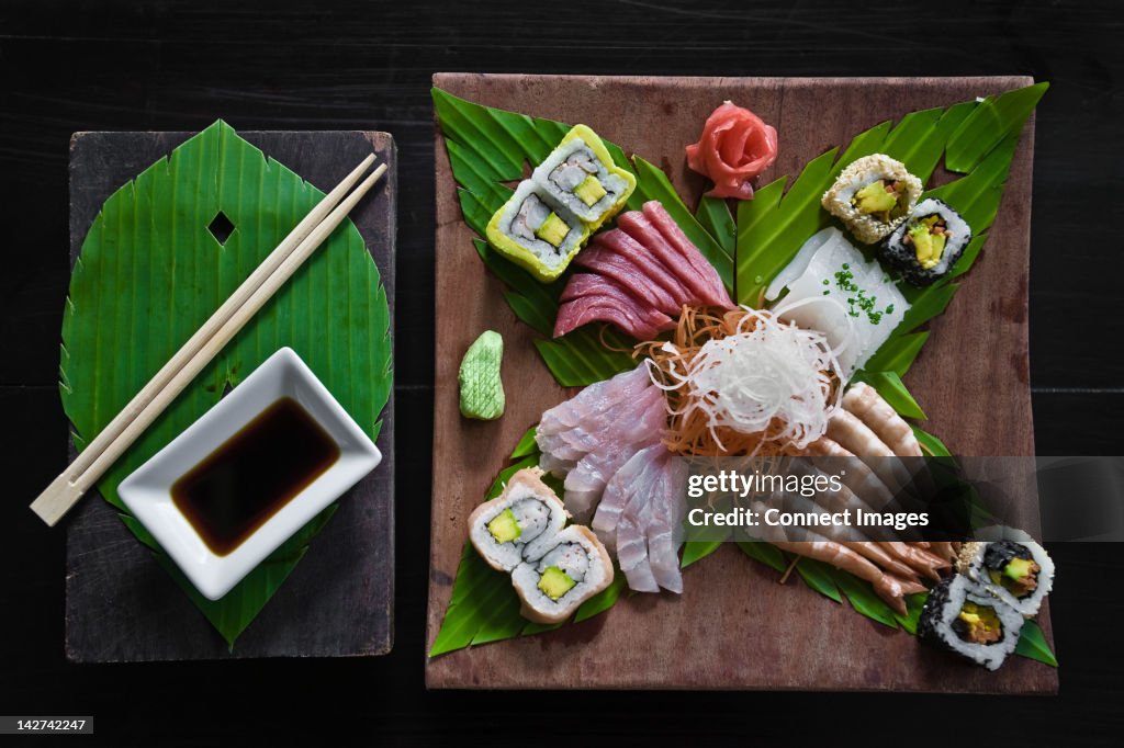 Dish of sashimi and sushi rolls