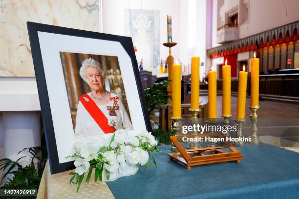 Photo of Queen Elizabeth II sits on The Table of Remembrance during a State Memorial Service for Queen Elizabeth II at the Wellington Cathedral of St...