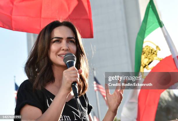 Actress Nazanin Boniadi speaks at a protest over the death last week of Mahsa Amini in Iran on September 25, 2022 in Westwood, California. The...