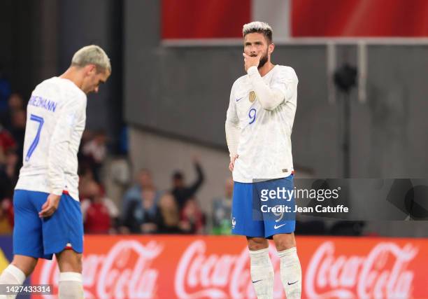 Olivier Giroud, left Antoine Griezmann of France react after conceding a goal during the UEFA Nations League League A Group 1 match between Denmark...