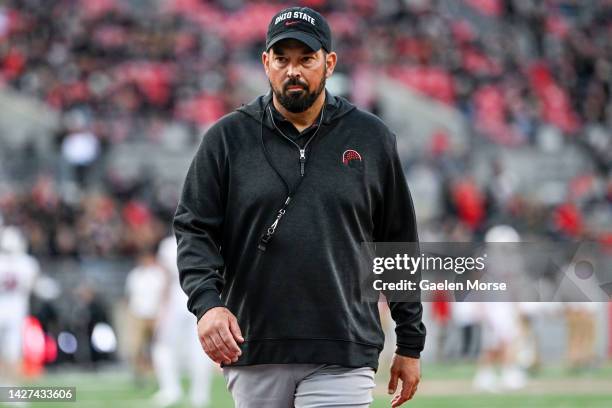 Ohio State Buckeyes head coach Ryan Day walks to the locker room before playing the Wisconsin Badgers at Ohio Stadium on September 24, 2022 in...