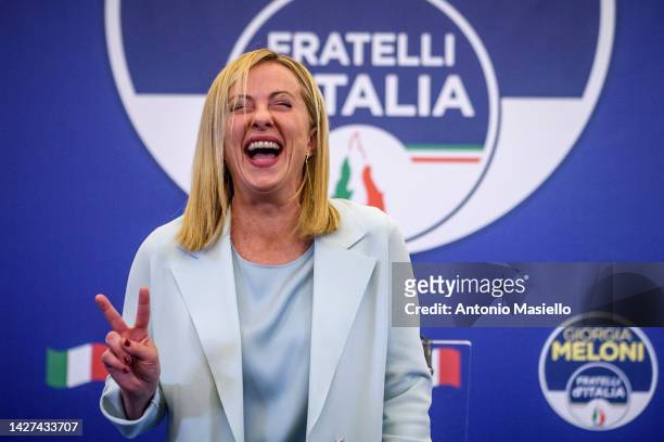 Giorgia Meloni, leader of the Fratelli d'Italia reacts during a press conference at the party electoral headquarters overnight, on September 26, 2022...