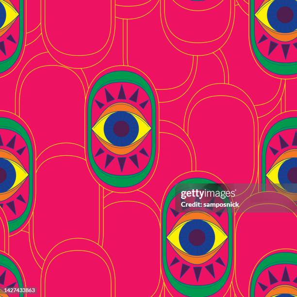 groovy art deco eyes seamless pattern background - 1960 stock illustrations