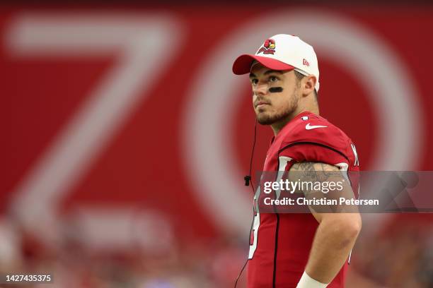 Quarterback Trace McSorley of the Arizona Cardinals stands on the sidelines during the second half of the NFL game at State Farm Stadium on September...
