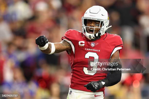 Safety Budda Baker of the Arizona Cardinals reacts to a fumble recovery against the Los Angeles Rams during the second half of the NFL game at State...