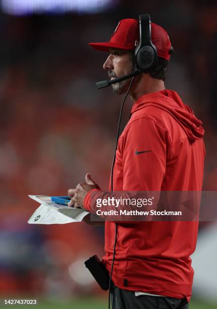 Head coach Kyle Shanahan of the San Francisco 49ers is seen on the sideline during the third quarter of a game against the Denver Broncos at Empower...