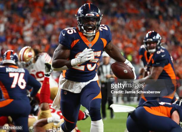 Melvin Gordon III of the Denver Broncos rushes during the fourth quarter against the San Francisco 49ers at Empower Field At Mile High on September...