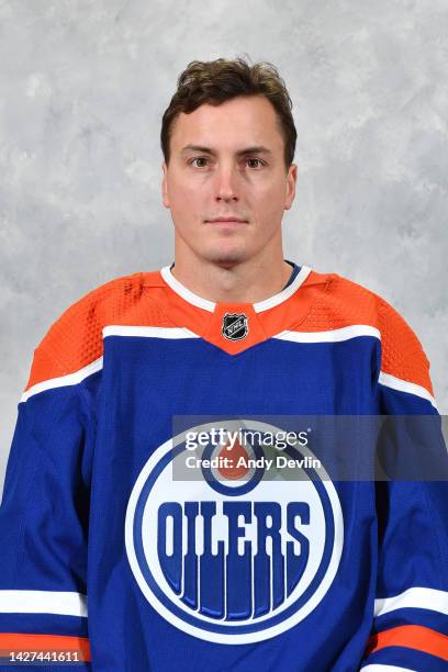 Tyson Barrie of the Edmonton Oilers poses for his official headshot for the 2022-2023 season on September 21, 2022 at Rogers Place in Edmonton,...