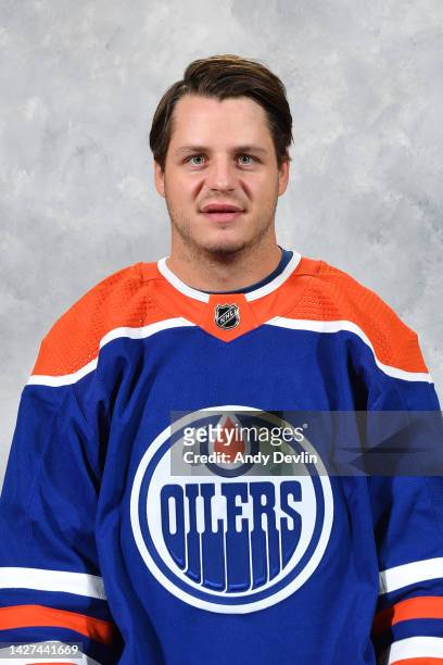 Mattias Janmark of the Edmonton Oilers poses for his official headshot for the 2022-2023 season on September 21, 2022 at Rogers Place in Edmonton,...