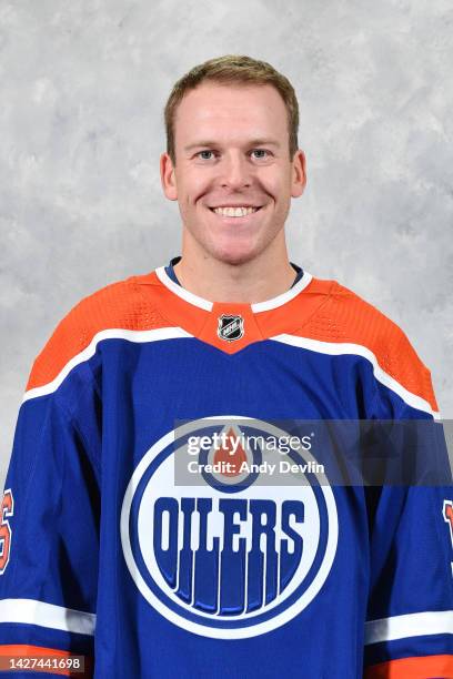 Tyler Benson of the Edmonton Oilers poses for his official headshot for the 2022-2023 season on September 21, 2022 at Rogers Place in Edmonton,...