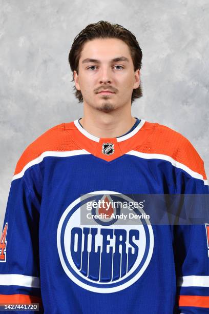 Xavier Bourgault of the Edmonton Oilers poses for his official headshot for the 2022-2023 season on September 21, 2022 at Rogers Place in Edmonton,...