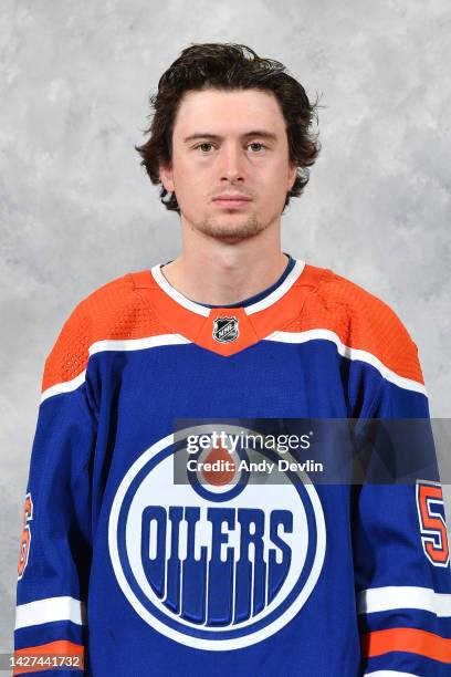 Kailer Yamamoto of the Edmonton Oilers poses for his official headshot for the 2022-2023 season on September 21, 2022 at Rogers Place in Edmonton,...