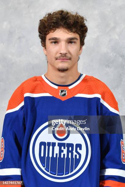 Tyler Tullio of the Edmonton Oilers poses for his official headshot for the 2022-2023 season on September 21, 2022 at Rogers Place in Edmonton,...