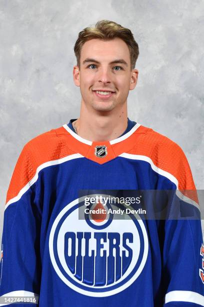 Olivier Rodrigue of the Edmonton Oilers poses for his official headshot for the 2022-2023 season on September 21, 2022 at Rogers Place in Edmonton,...