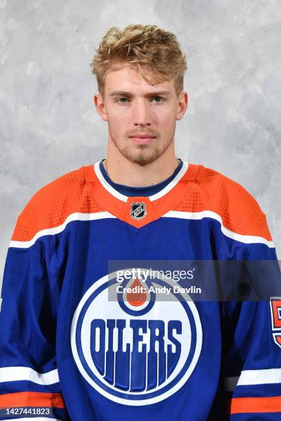 Dylan Holloway of the Edmonton Oilers poses for his official headshot for the 2022-2023 season on September 21, 2022 at Rogers Place in Edmonton,...