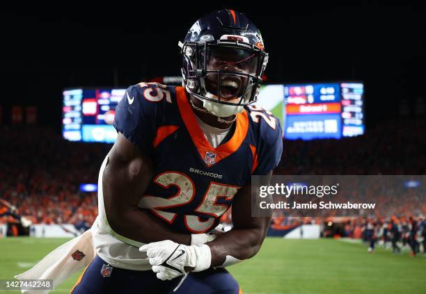 Melvin Gordon III of the Denver Broncos celebrates after scoring a touchdown during the fourth quarter against the San Francisco 49ers at Empower...