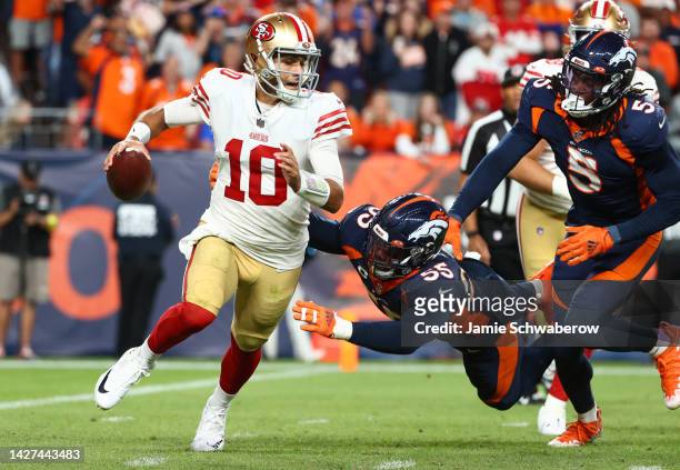 Bradley Chubb of the Denver Broncos sacks Jimmy Garoppolo of the San Francisco 49ers during the fourth quarter of a game at Empower Field At Mile...
