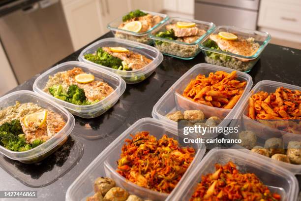 salmon and meat balls meal prep - preparing food stock pictures, royalty-free photos & images