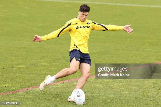 Mitchell Moses practices kicking field goals during a Parramatta Eels NRL training session at Kellyville Park on September 26, 2022 in Sydney,...