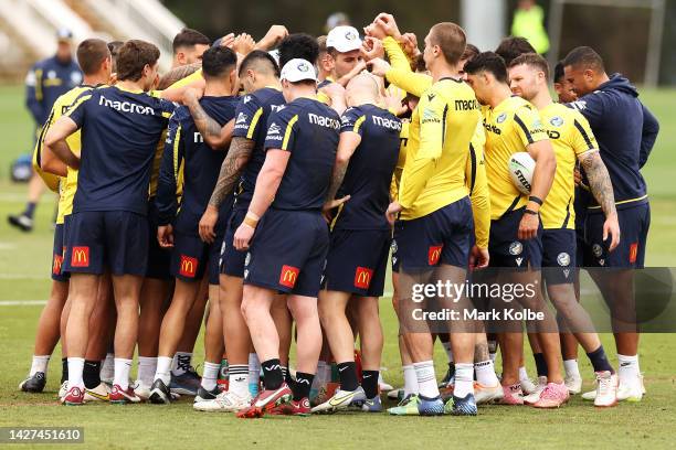 The Eels form a huddle during a Parramatta Eels NRL training session at Kellyville Park on September 26, 2022 in Sydney, Australia.