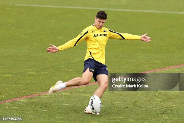 Mitchell Moses practices kicking field goals during a Parramatta Eels NRL training session at Kellyville Park on September 26, 2022 in Sydney,...