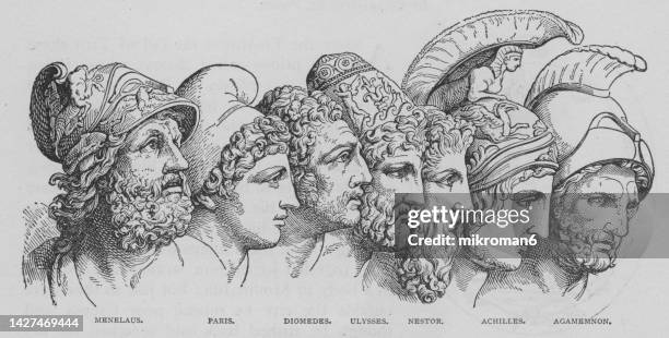 old engraved illustration of trojan war heroes: menelaus, paris, diomedes, odysseus, nestor, achilles, agamemnon - fallen heroes stock pictures, royalty-free photos & images